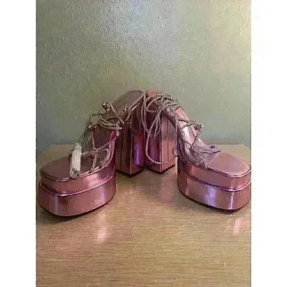 womens pink barbiecore strappy square toe block heel platform SZ 7.5 rhinestone - Picture 12 of 14